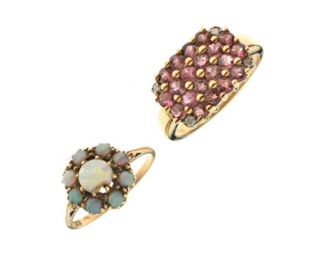 9ct gold opal flower head cluster ring (a/f), size L approx, and a pink gem and diamond set 9ct gold dress ring, size P, 6.3g