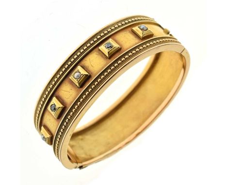 Unmarked yellow metal bangle set diamonds and seed pearls (a/f), 30g gross approx
