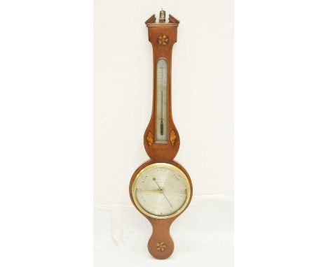 19th century inlaid wheel barometer, A.E Abraham Optician signed silvered dial, complete with thermometer, the case inlaid wi