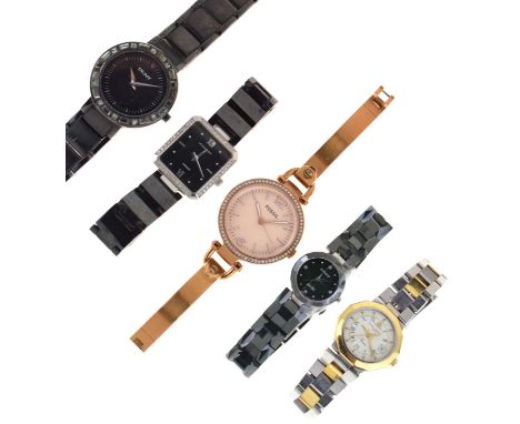 Small group of five lady's fashion watches comprising; Rado Jubile lady's green ceramic wristwatch, Baume &amp; Mercier Rivie