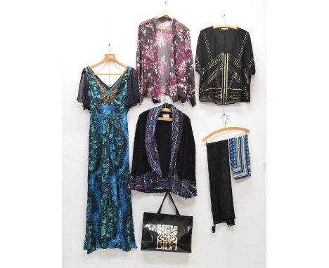 Biba Art Deco style blouse (14), together with a Biba dress (12), Sahara jacket (M/L), Christian Dior black silk scarf, Jaege