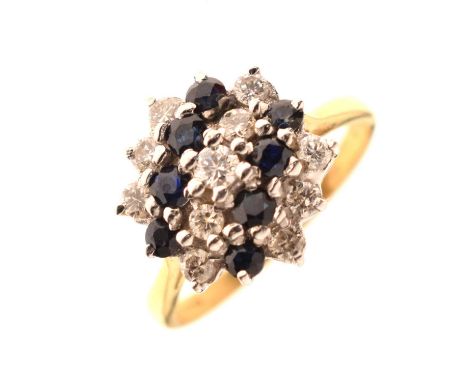 Sapphire and diamond three-tier flower head cluster 18ct gold ring, size K approx, 3.1g gross approx