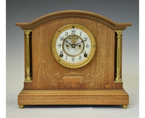 Edwardian inlaid mantel clock, having a white Arabic chapter ring dial with visible Brocot escapement, signed Ansonia movemen