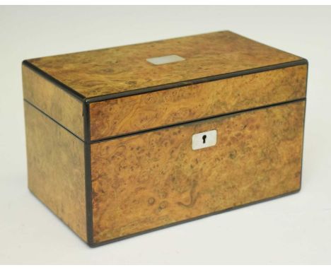 19th century burr walnut tea caddy with mother-of-pearl cartouche and escutcheon, retailed by Fisher, 188 Strand, London, 22c