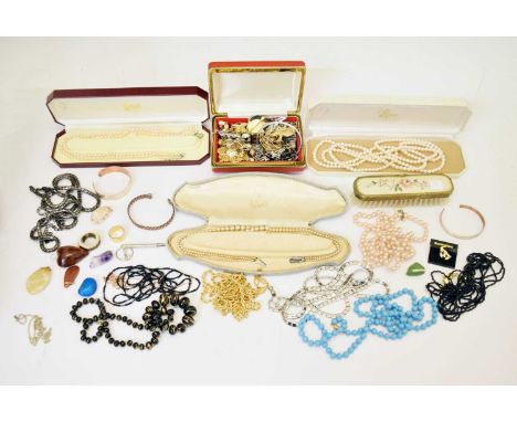 Assorted costume jewellery including three cased Lotus faux pearl necklaces, a Michaela Frey bangle, beaded neckalces, brooch