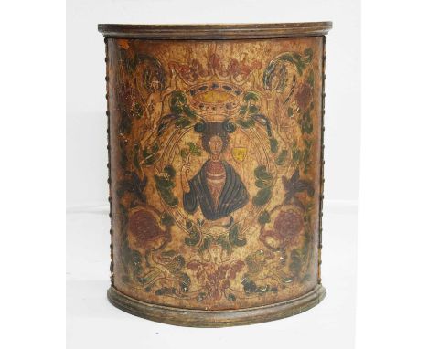 Tooled, embossed and painted leather demi-lune stick stand, early 20th century, with faux Medieval decoration of a crowned fi