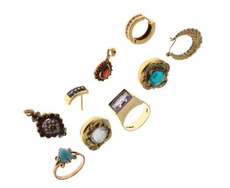 Small group of gold and yellow metal jewellery including a 9ct rose gold dress ring set turquoise cabochon, size M½ approx, a