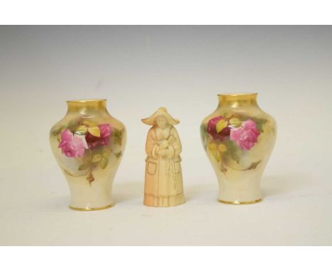 Pair of small Royal Worcester vases, 2491, with rose decoration, 11cm high, together with a Royal Worcester 'Nun' candle snuf