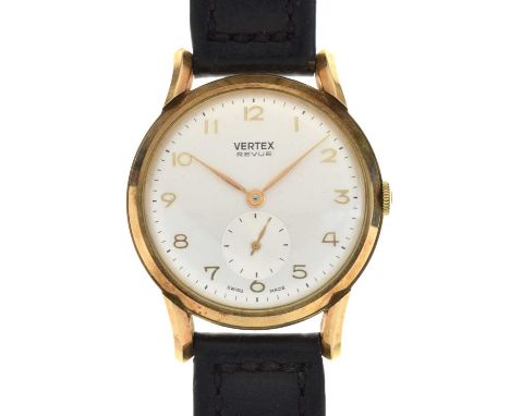 Vertex Revue - Gentleman's 9ct gold case wristwatch, circa 1959, the silvered dial with applied gilt Arabic hour markers, sec