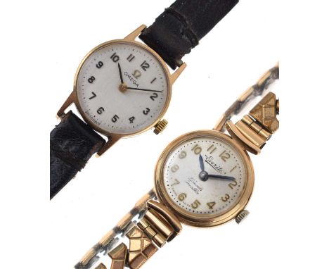 Omega - Lady's 9ct gold case wristwatch, the silvered dial with applied black Arabic hour markers. signed crown, inscribed sn