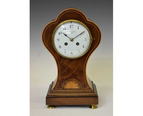 Early 20th century inlaid mahogany trefoil-balloon mantel clock, the white dial with black Arabic markers, Samuel Marti signe