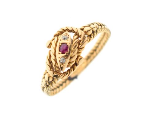 Ruby and diamond 18ct gold rope twist ring, size Q approx, 3g gross approx