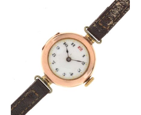 Rolex - Early 20th century 9ct gold cased wristwatch, the white dial with Arabic hour markers and blued steel spade hands, mo