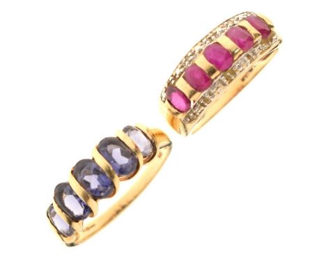 Ruby and diamond 9ct gold dress ring, size M approx, and a five-stone tanzanite 9ct gold ring, size P½ approx, 4.7g gross app