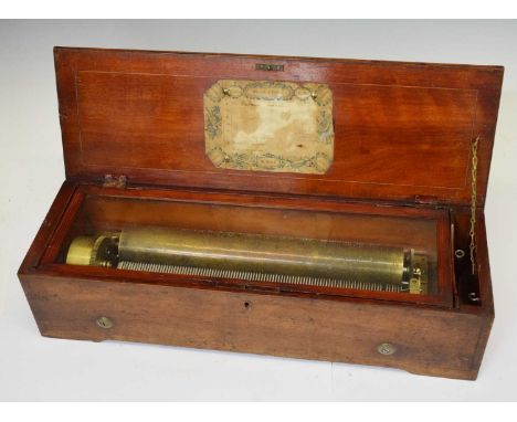 19th century mahogany inlaid cylindrical musical box, 33.5cm long cylinder playing eight airs on a one-piece comb, plate numb