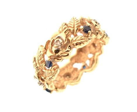 Sapphire and diamond set '14K' gold ring, the band decorated with rose flower design, size K½ approx, 4.8g gross approx