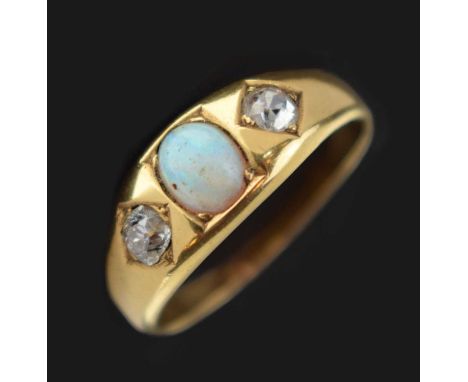 Late Victorian/Edwardian opal and diamond ring, the three stones gypsy set into a yellow metal band, (a/f), size R approx, 4.