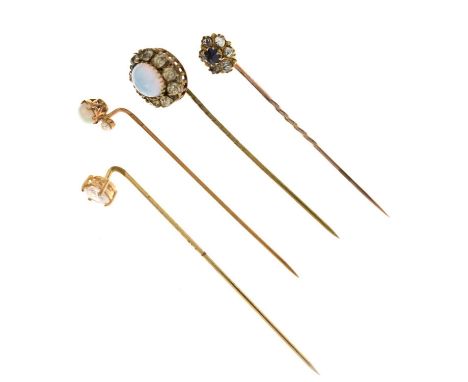 Four gem-set stick pins, including a 9ct gold pin set opal and pearl, 5.6g gross approx (4)