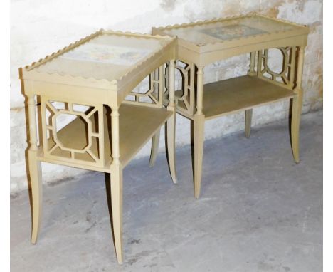 A matched pair of painted Oriental style coffee tables, with galleried top, the centre with a Cunard print of flowers, on cyl