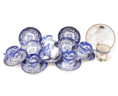 A Victorian bone china part tea set, comprising six cups with butterfly handles and various saucers, a Copeland and Garrett a