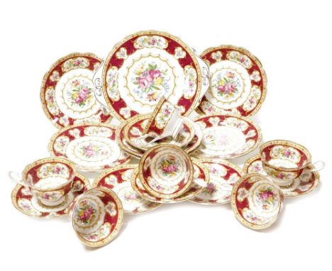 A Royal Albert Lady Hamilton pattern part tea service, comprising six cups and saucers, six side plates and a cake plate. 