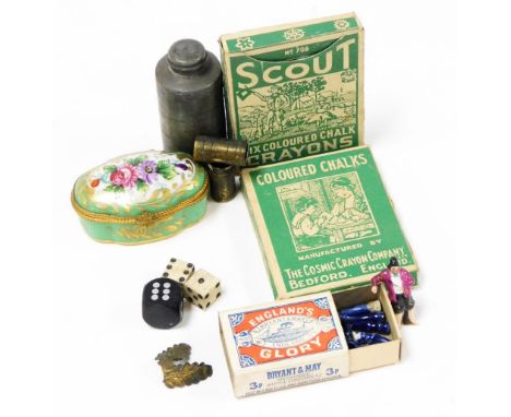 Various bygones, collectables, etc., a pair of early 20thC bone dice 1cm high, various other trinkets and effects, jar of cyl