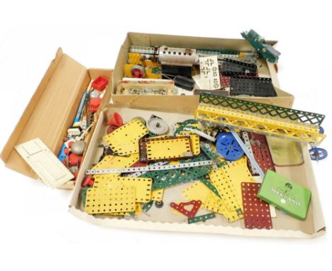 A selection of metal Meccano, construction pieces and a steam stationery engine. (a quantity)