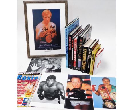 Boxing interest. A framed Joe Frazier print bearing facsimilie signature, various Freddie Mills, Mohammed Ali and other boxin