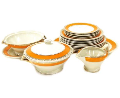 An Art Deco style Royal Layton part service, comprising tureen and cover, tureen lacking cover, gravy boat, meat plate, six d