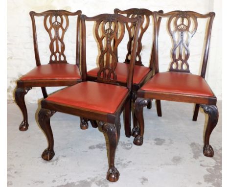 A set of four 19thC mahogany Chippendale design dining chairs, each with comb top cresting rails, in pierced vertical back sp