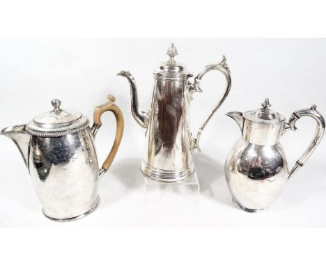 Three silver plated teapot/coffee pots, comprising a coffee pot with acorn finial, an acanthus leaf moulded handle, stamped t