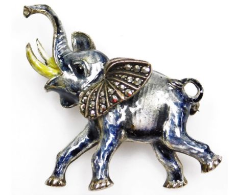 A polychrome enamel and marcasite elephant brooch, set in white metal, 4cm high.