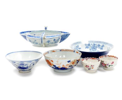 A group of Chinese porcelain, comprising a floral decorated Chinese Imari bowl decorated with flowers, a twin mouthed sauce b