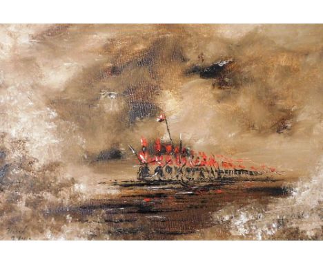 David Wilkinson. Charge of the Light Brigade, oil on canvas, signed and dated 1983, 22cm x 35cm, in a gilt rococo scroll fram