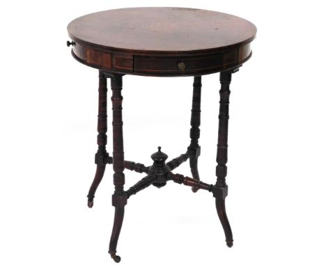 A late Victorian rosewood centre table with marquetry inlaid top, and four fold out satin lined drawers, on a turned framing 