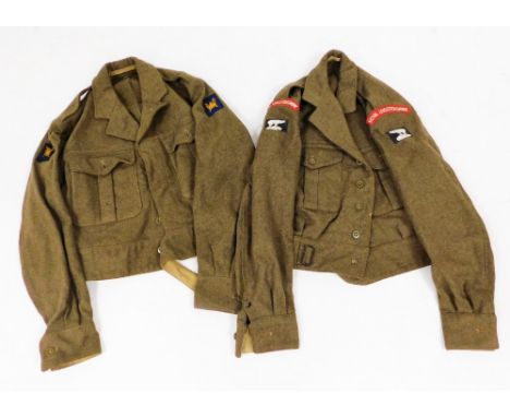 A mid 20thC (1949 pattern) battledress blouse (39-40"), with Royal Leicestershire shoulder patches and another with Royal Ang