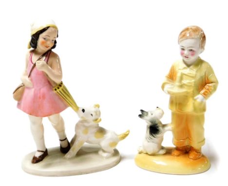 Two ceramic figures, to include a figure of girl walking dog, on oval base, unmarked, 13cm high, together with a figure of a 