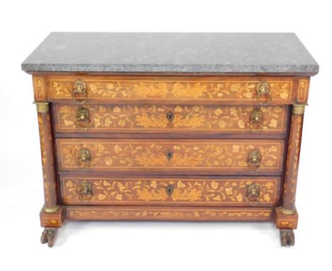 An early 19thC Dutch walnut marquetry commode, with marble top over four drawers with lion mask ring handles each enriched wi