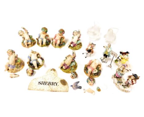 A group of ceramics, to include Continental porcelain cherubs, (AF), Dresden porcelain figures, a sherry bin label (AF), and 