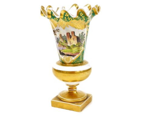 An early 20thC porcelain flared vase, the flared rim with gilt decoration, on a green enamel painted body depicting hand pain