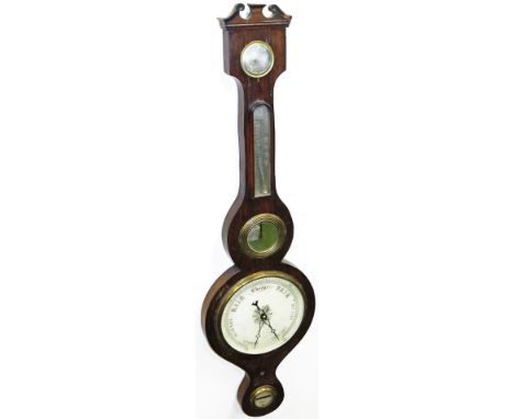 An early 19thC rosewood wheel barometer, with dry/damp dial, white enamel dial and moulded cornice, 96cm high. (AF and no tub