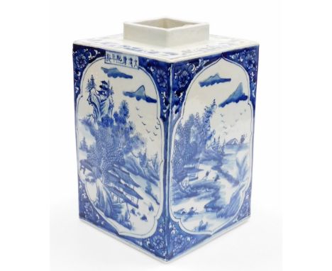 A Chinese porcelain blue and white porcelain tea canister, decorated with shaped panels of figures, buildings, trees and moun