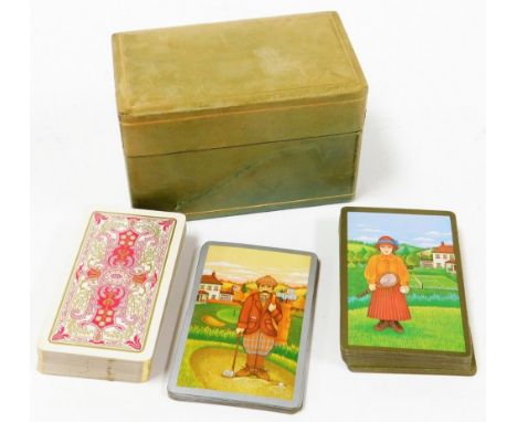 A set of late 20thC coloured playing cards, in a presentation box, comprising a set of coloured sporting related cards, a set