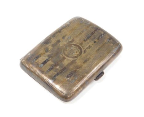 A George V silver cigarette case, engine turned decoration, with central circular shield bearing the initials MAC, Chester 19