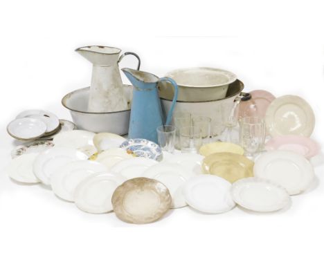 Enamel ware, including jugs, bowl, plates, etc., other ceramics and glasses. 