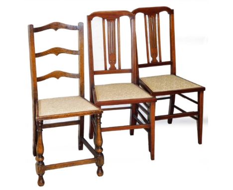 Various chairs, comprising a pair of Edwardian mahogany and boxwood strung salon chairs, each with vertical pierced splats, o