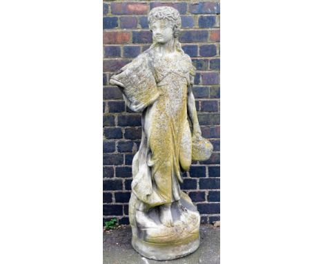 A cast garden figure of a young maiden with an urn and basket of flowers, 140cm high.