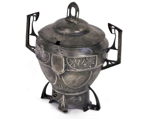 An Art Nouveau "Juventa" Prima Metal pewter urn and cover, in the WMF style and possibly a Hans Peter design,with stylised ha