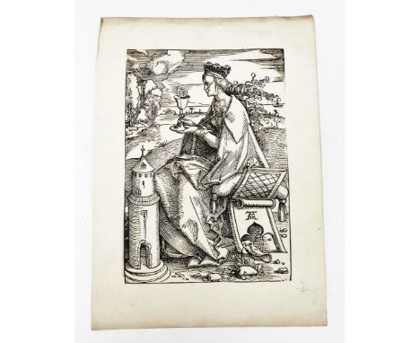 An antiquarian print after Hans Baldung (1484/5-1545). St Barborra, woodcut print, 23.5cm x 16cm. (margins trimmed and laid o