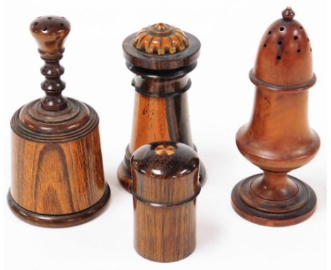 Four pieces of treen, including pounce pot, pepper pot, trinket box and salt mill. (4)